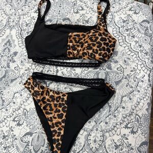 Leopard Print and Black Bikini Set